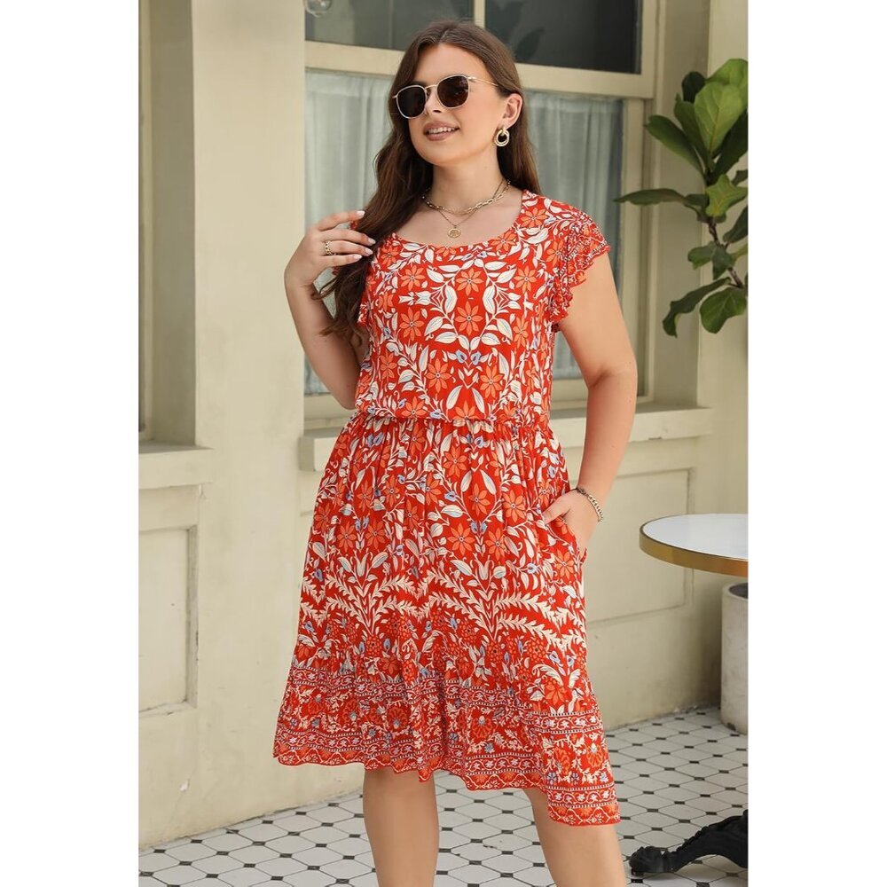Plus Size Wedding Guest Midi Dress Floral Tiered Boho Sundress with Pockets - Picture 5 of 7